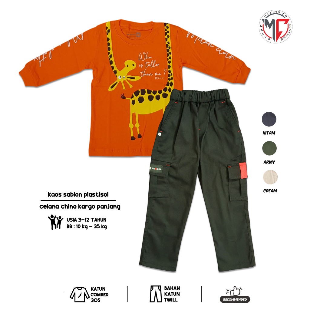 Setelan Anak Kaos Jerapah Orange Katun Combed Celana Chino Kargo Panjang Usia 3-12 Tahun