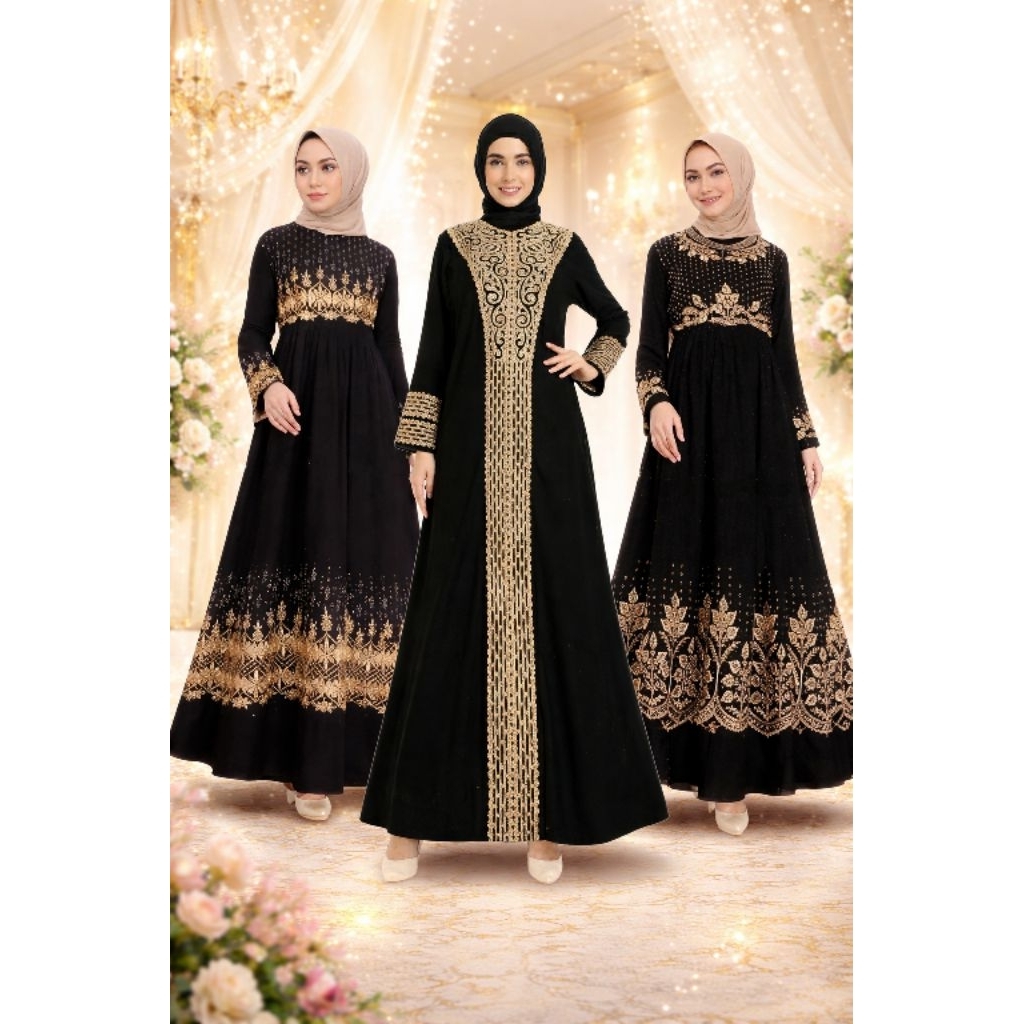 DRESS SYARI HITAM JUBA ABAYA TURKEY BORDIR ARAB SAUDI ELEGAN MODEL TERBARU MEWAH BAJU GAMIS WANITA D