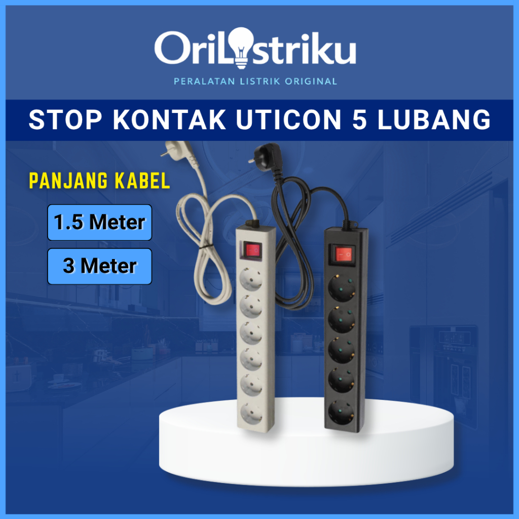 Uticon Stop Kontak 5 Lubang + Pengaman Soket + Kabel 1.5, 3 Meter + Warna Hitam Putih | Produk Origi