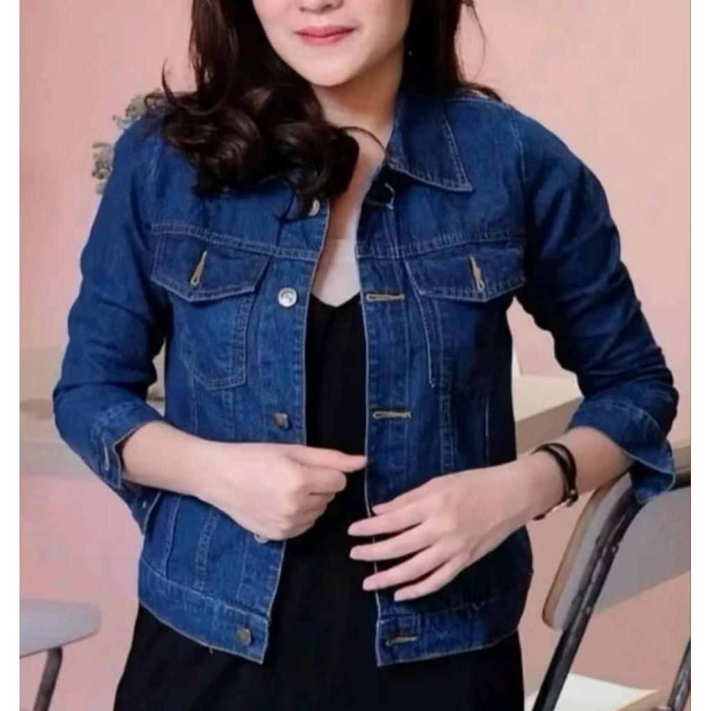 Jacket Jeans Wanita Denim  Bahan Berkualitas Tebal Slim Fitting Polos Kancing Kulit Crop Hitam Jacke