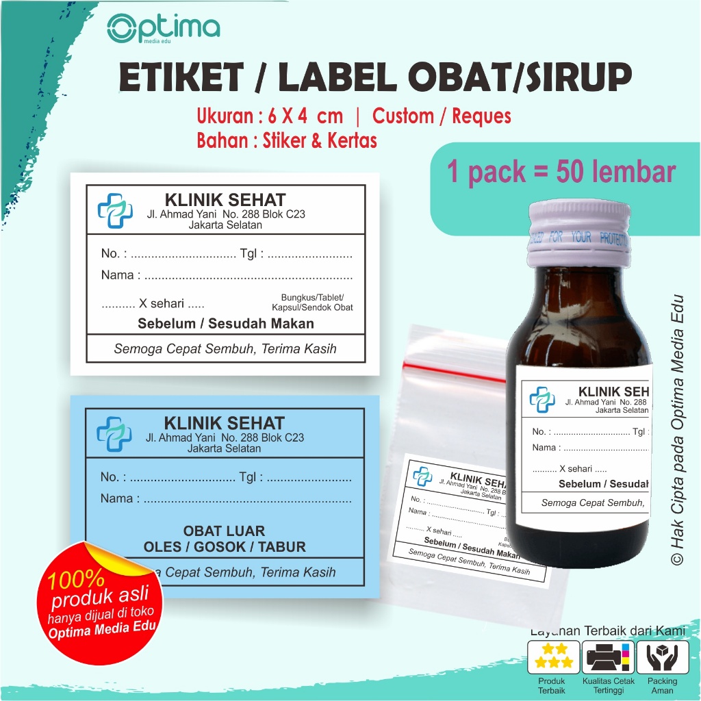 Etiket Label Obat Sirup 50pcs Stiker Kertas 6x4cm Apotek Dokter Klinik Putih Biru