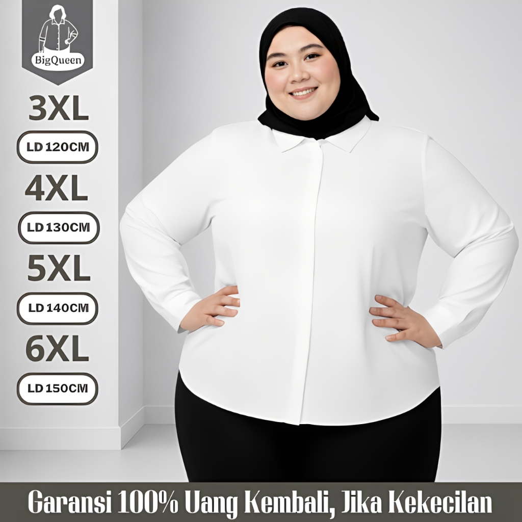 Kemeja Putih Wanita Lengan Panjang Polos Kerja Formal Jumbo LD 120 130 140 150