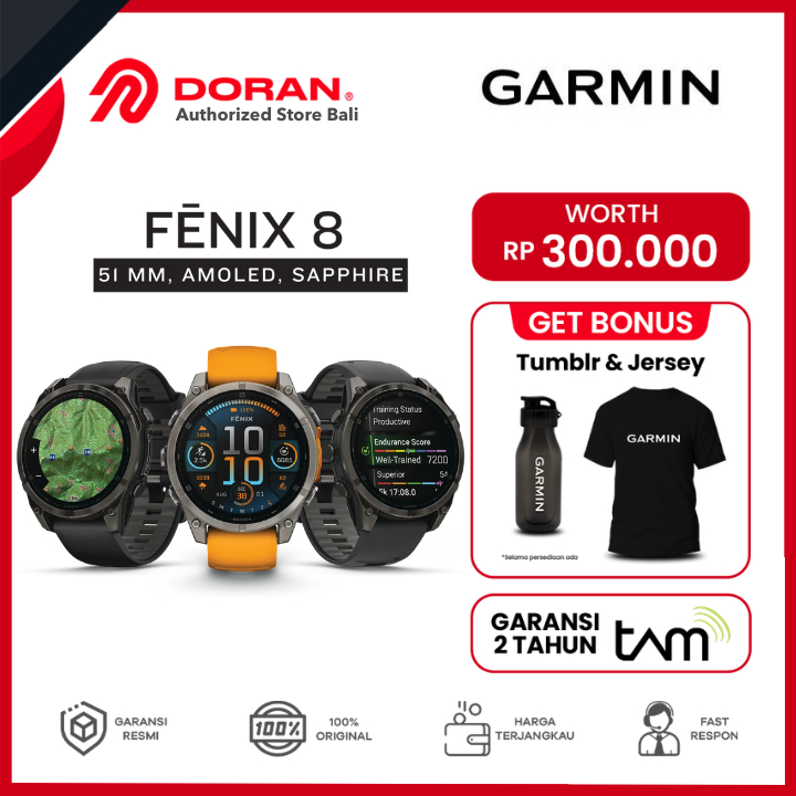 Garmin Fenix 8 Sapphire AMOLED 51mm Fenix 8x DLC Titanium Silicone Band Original Garansi Resmi 2 Thn