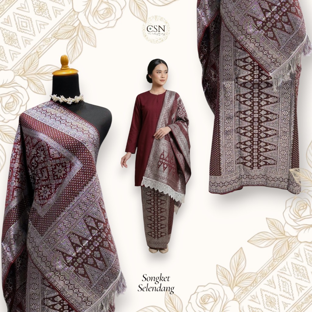 Kain Songket dan Selendang Setelan / Kain Songket + Selendang Set Bahan Premium