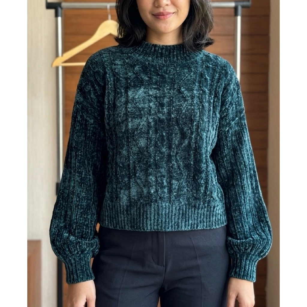 velvet knit sweater -velvet sweater crop lengan balon - rajut velvet bludru - sweater kepang velvet 