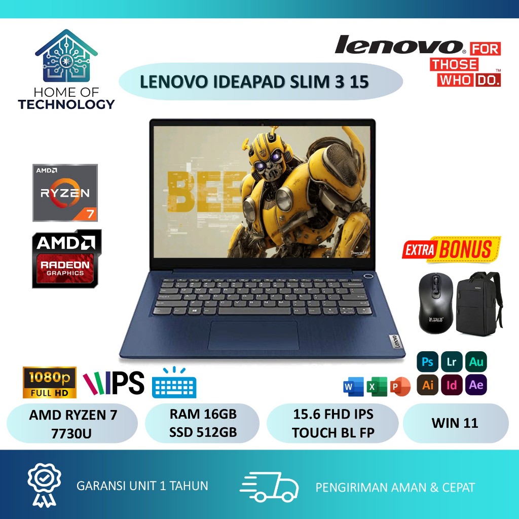 LAPTOP LENOVO Ideapad Slim 3 15 AMD Ryzen 7 7730U 16GB RAM 2TB SSD 15 FullHD IPS Touch Backlit Win11