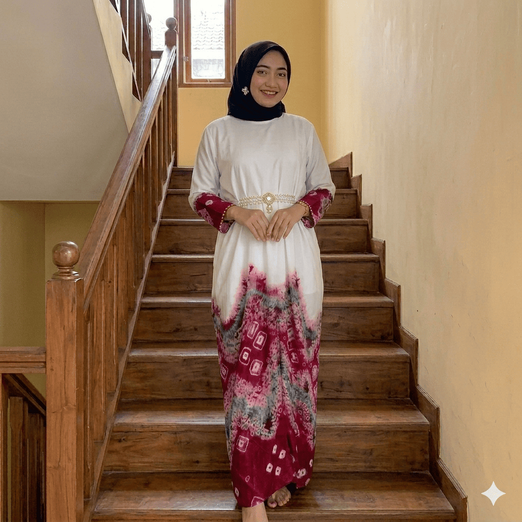 Baju Couple Jumputan Viscose | Gamis Sarimbit Keluarga Lebaran | VR Textile Putih Maroon