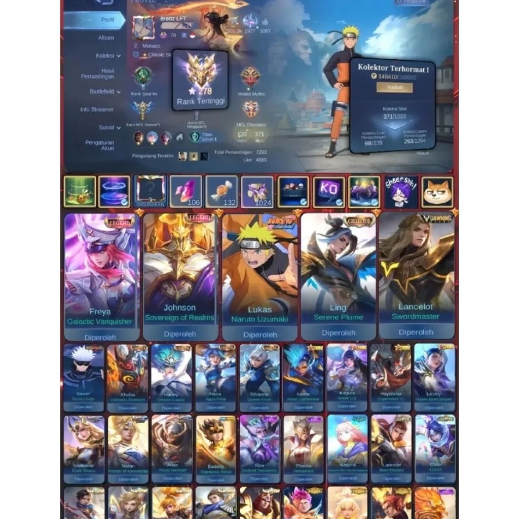 AKUN ML SULTAN FULL SKIN NARUTO BISA COD