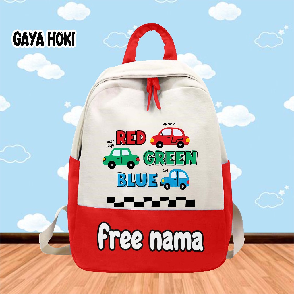 [FREE NAMA] Tas Ransel Tas Anak Sekolah TK/SD Gambar Car Colour Red Green Blue Kendaraan Mobil Warna