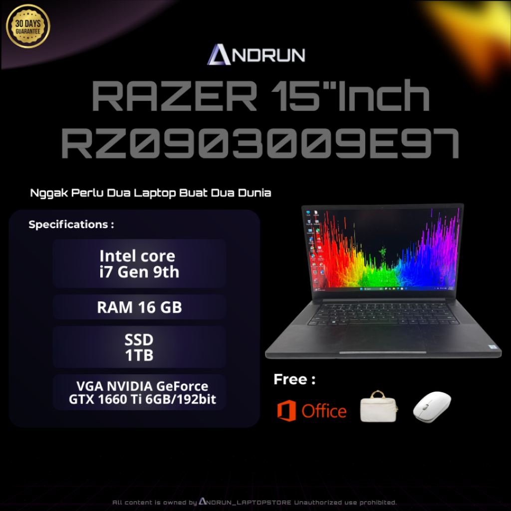 LAPTOP SEKEN RAZER RZ0903009E97 || CORE i7 GEN 9th || RAM 16GB SSD 256GB+ HDD 1TB || VGA 6GB NVIDIA 
