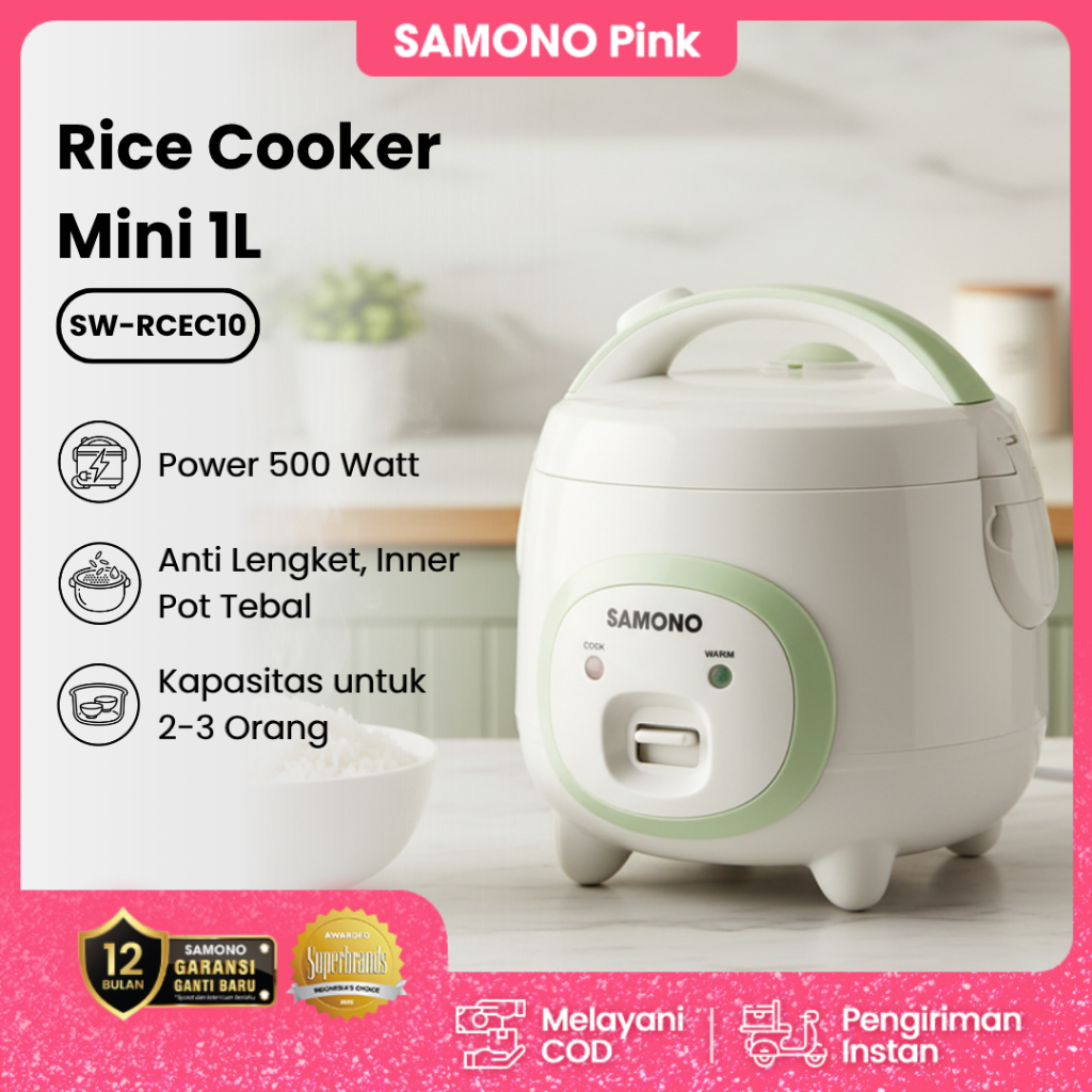 SAMONO Rice Cooker Mini 1 Liter SW-RCEC10 Low Watt 500W Inner Pot Anti Lengket Food Grade Dengan Kuk