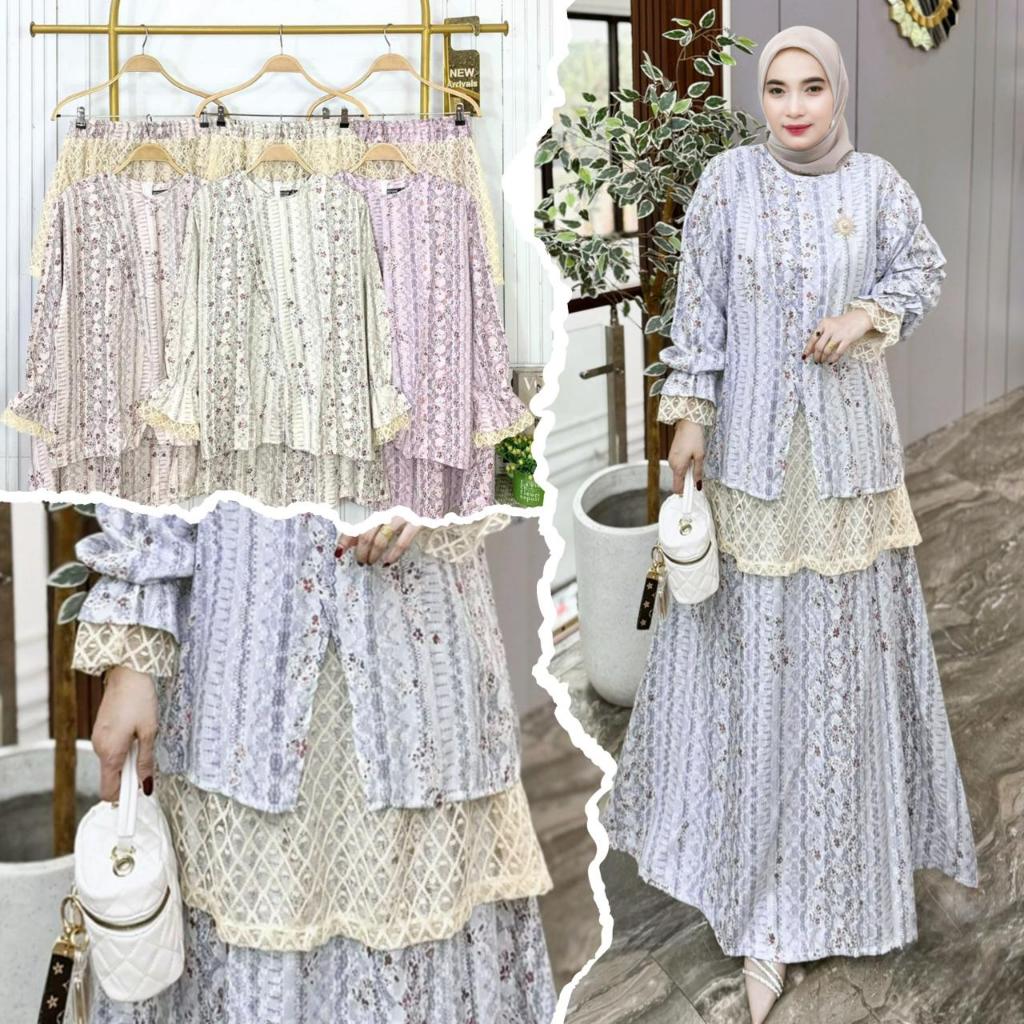 AZKA ELIZA Setelan Tunik & Rok Motif Bunga Kombinasi Brukat One Set Muslimah Premium