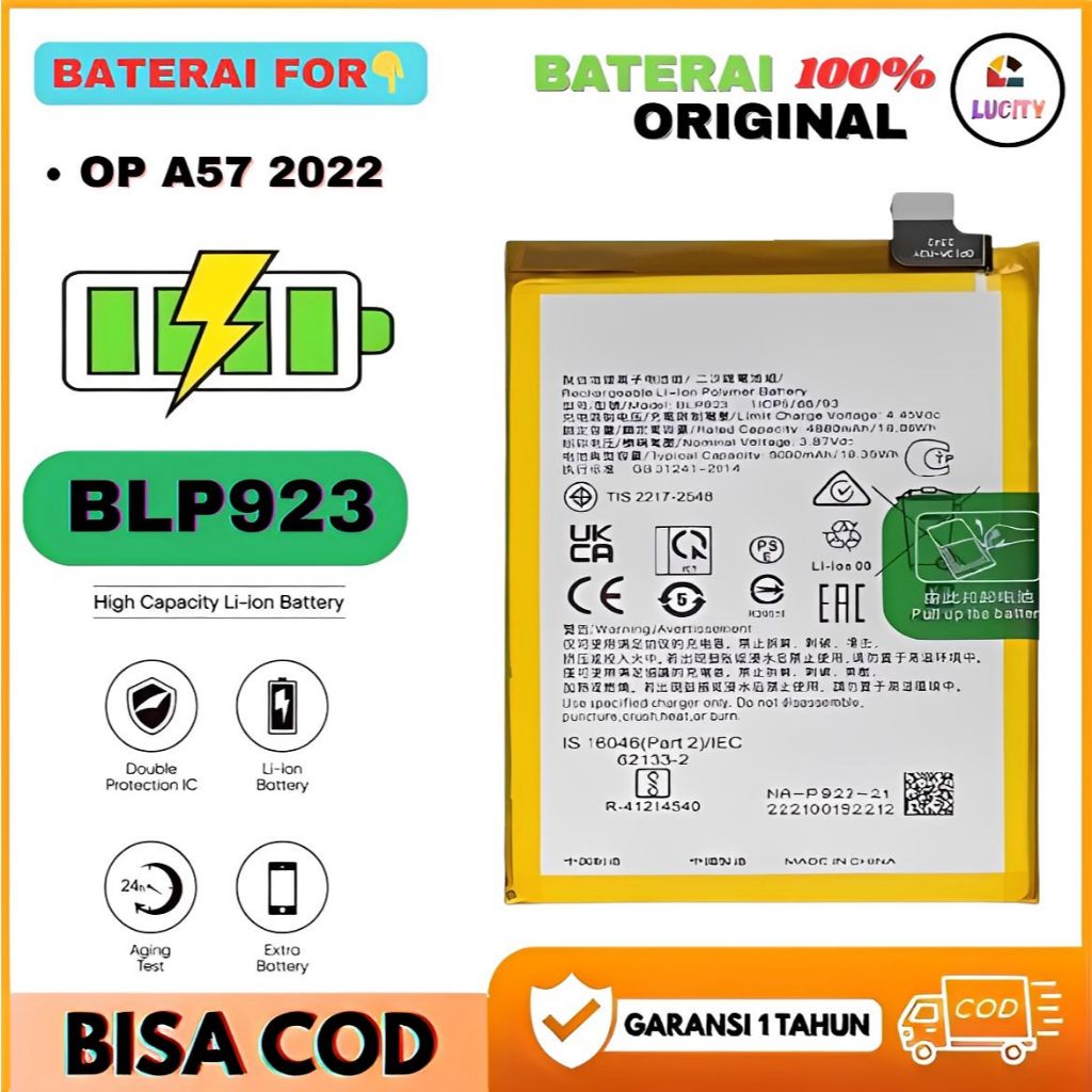 Baterai Batre OPPO A57 2022 / Baterry BLP923  Original 100% Support Double IC Fast Charging