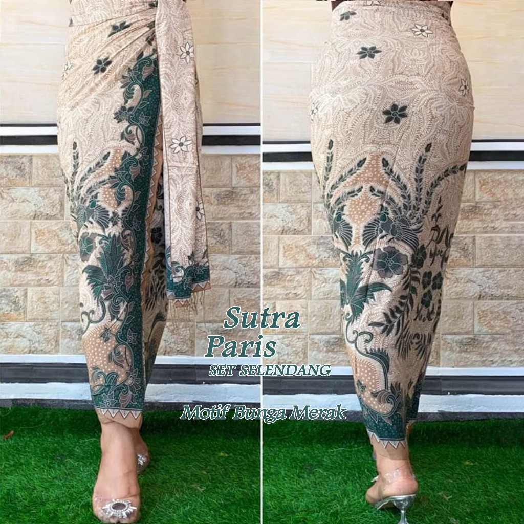 Kain Batik Kamaen Lembaran Set Saree Paris Motif Bunga Merak Batik Sutra Coklat Hijau Elegan