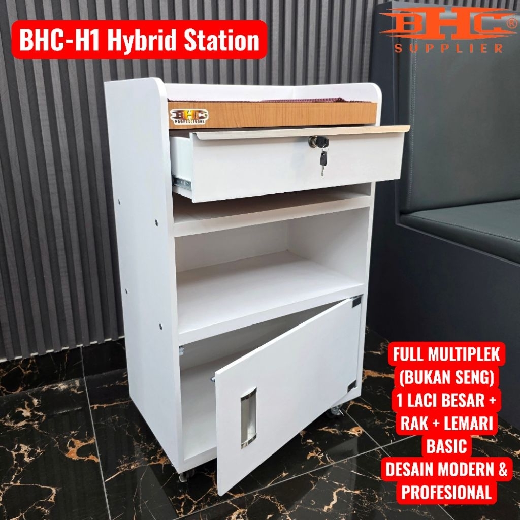 BHC H1 – Hybrid Station BHC H1 Meja Barber Minimalis Multiplek Premium Bukan Seng Meja Salon Rak Ala