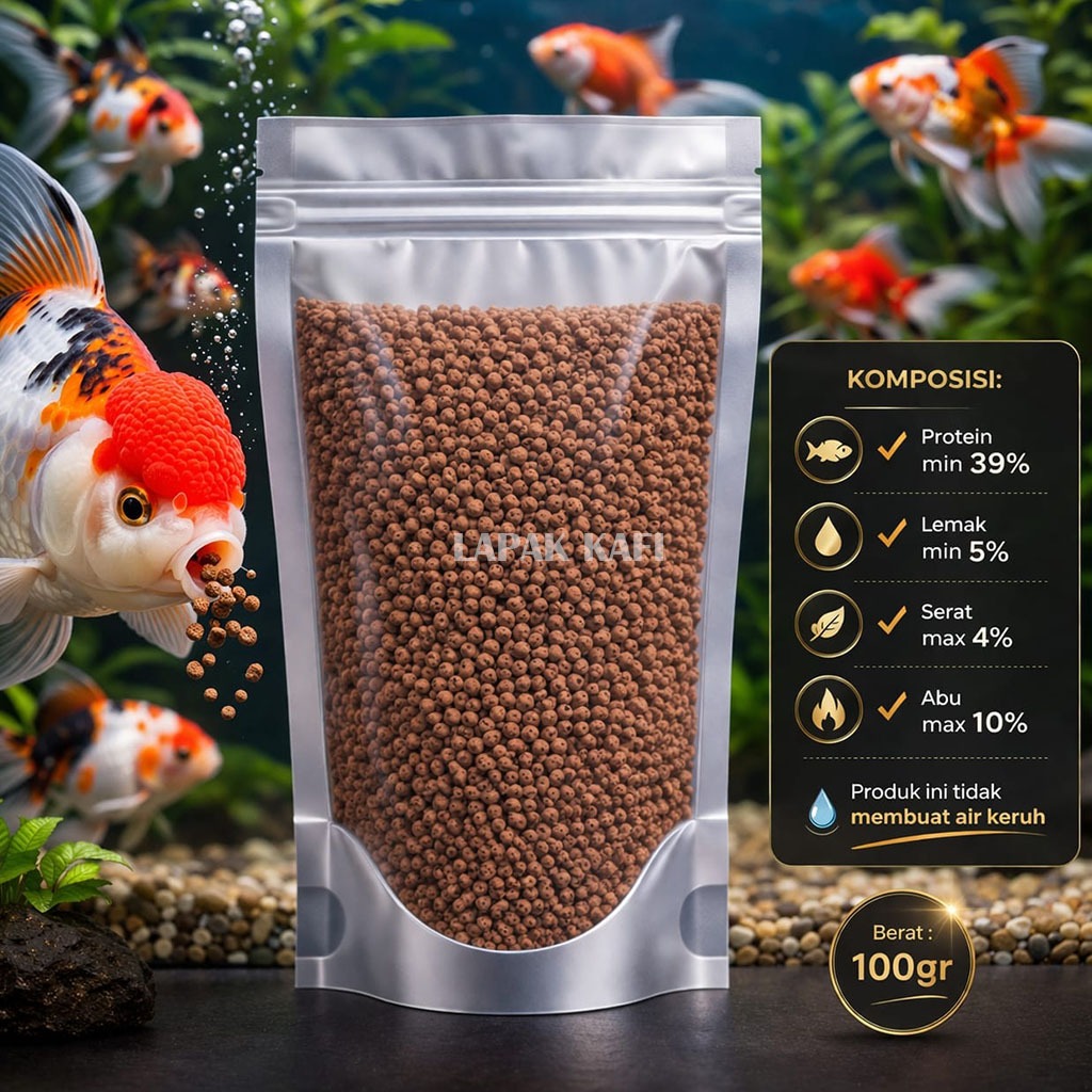 Pakan Ikan Hias Mas Koki,lkan Lohan,Arwana dll Kemasan 100 gr Tinggi Protein,Ukuran Pelet Sedikit Be