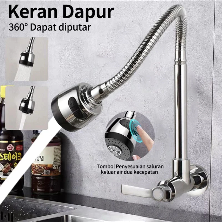 Kran Air Angsa Fleksibel Wastafel Tembok Sink Stainless Kuningan Cuci Piring Minimalis Premium Keran