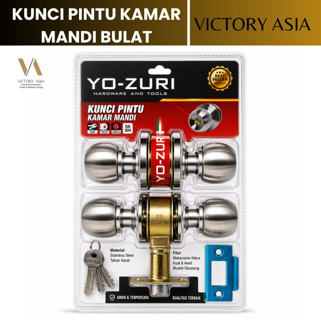 Set Kunci Bulat Gagang Pintu Kamar Mandi Stainless Anti Karat