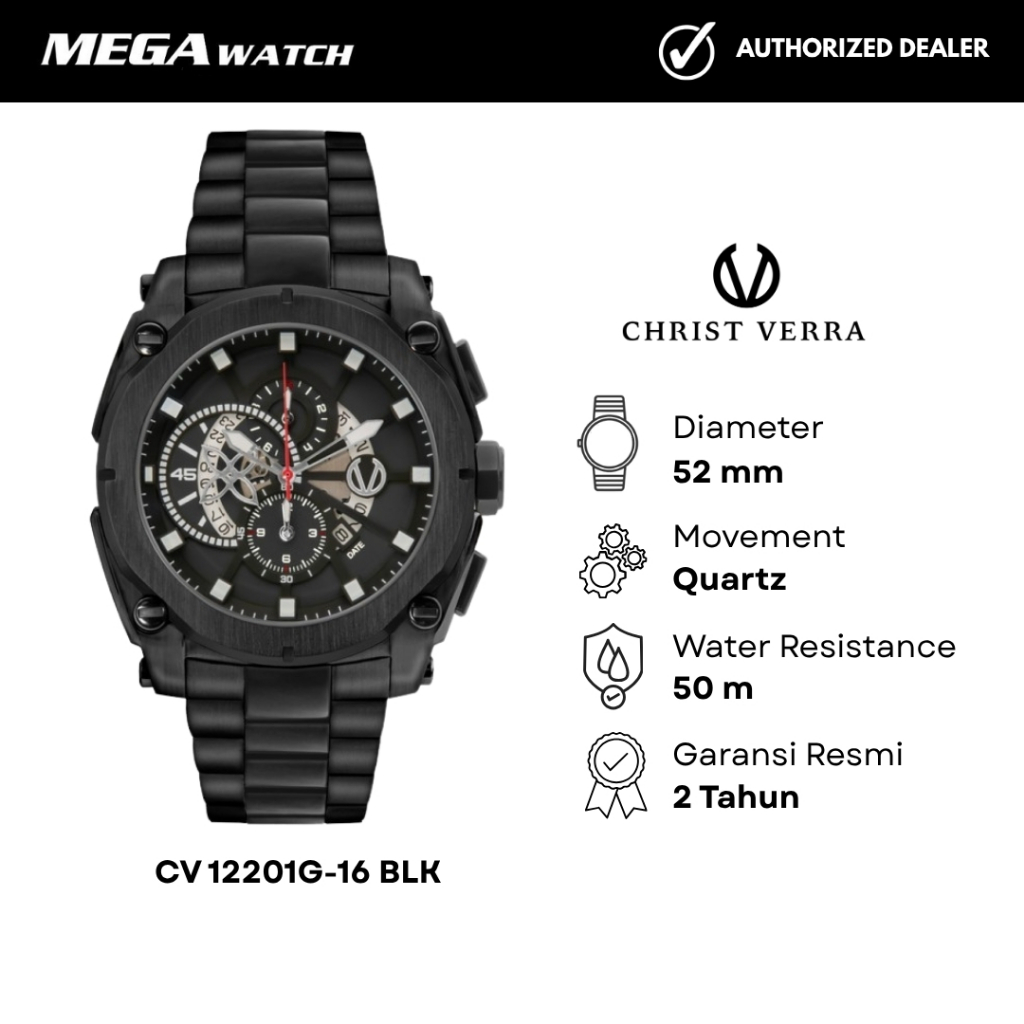 Jam Tangan CHRIST VERRA Pria Original CV 12201G-16 BLK