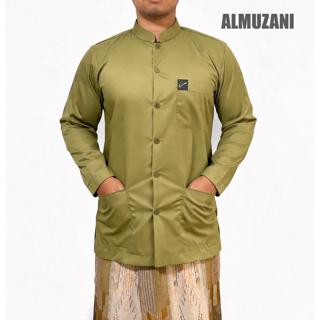 ALMUZANI Baju Koko Saku Depan Bawah Kerah Sanghai Muslim Pria Dewasa