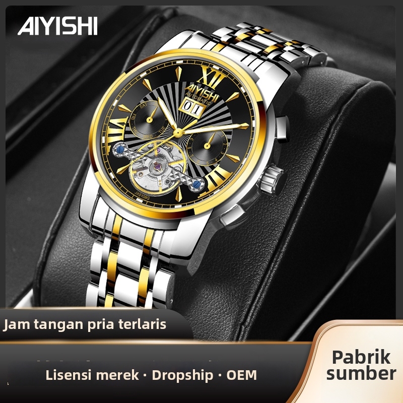 AIYISHI Jam Tangan Pria Mekanik Otomatis Dial Hitam Emas Multifungsi Tali Rantai Stainless Steel Ant