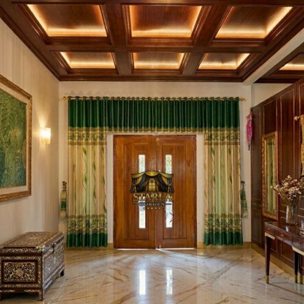 satu set gorden jendela dan pintu tengah ruang tamu mewah elegan poni