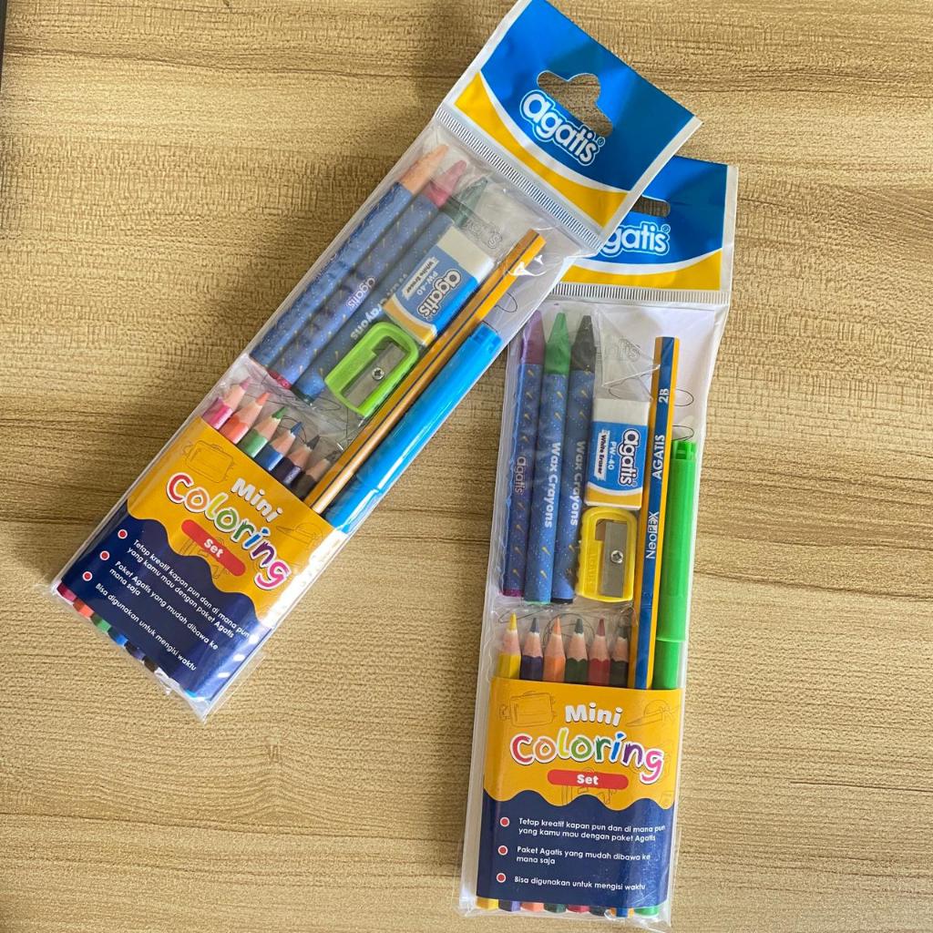 Agatis Paket Alat Tulis 6in1 Mini Coloring set - Pensil Warna Crayon Rautan Penghapus Pensi 2B Spido