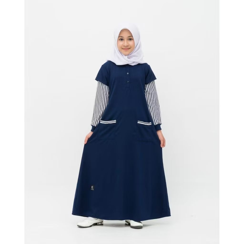 Gamis anak perempuan tanggung warna navy polos mix salur