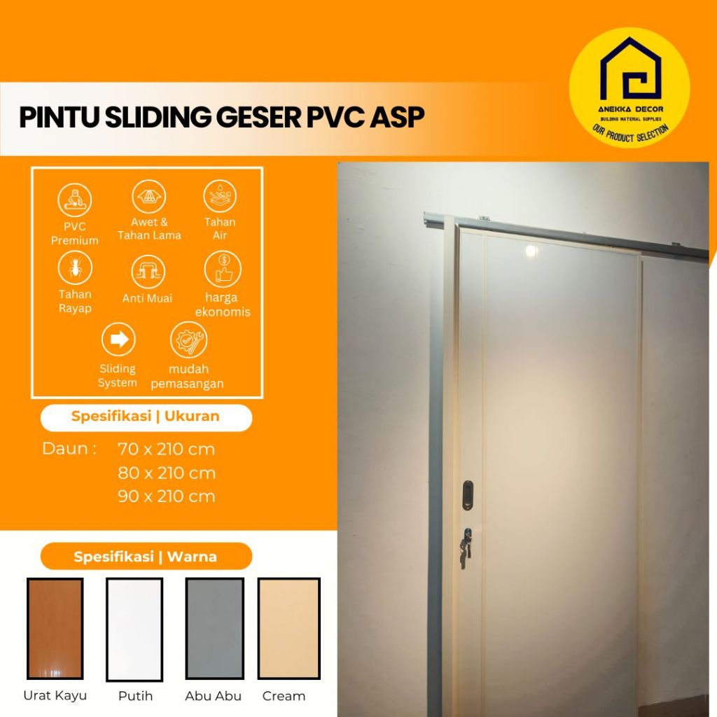 ASP Pintu PVC Sliding ukuran 80 x 210 cm ; 90 x 210 cm , Pintu rumah tahan air , anti rayap , minima