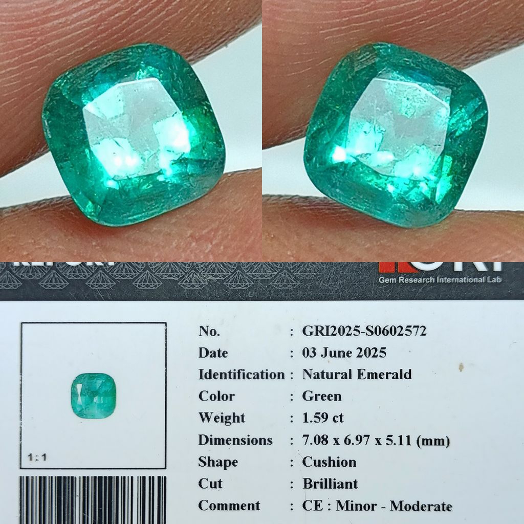 NATURAL ZAMRUD EMERALD BERYL 1.59 CARAT CUTTING CUSHION GOOD LUSTER MEMO GRI LAB