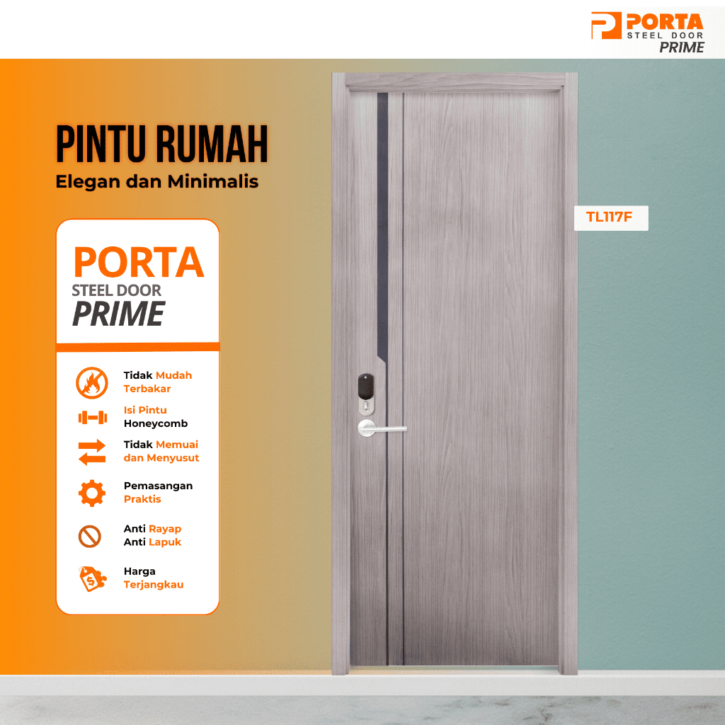 Pintu Ruangan Motif Kayu Porta Prime 117F Mewah Tahan Cuaca Anti Rayap Fullset Kusen