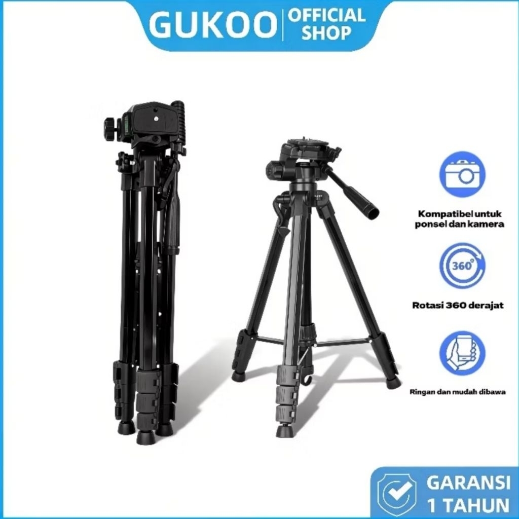 Tripod Gukoo - Hitam, Tinggi Maksimal 1.25m, Ringan, Stabil, Desain Elegan