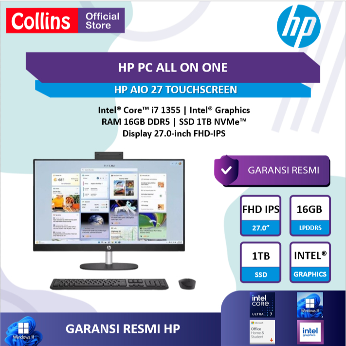 HP PC AIO 27 Touchscreen Intel Core i7 1355 RAM 16GB SSD 1TB W11+OHS 27.0FHD IPS BLK -CR0033D Garans