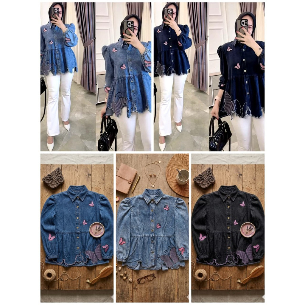 ( ZARA SHIRT JEANS BORDIR KUPU - KUPU )Kemeja jeans bordir premium/atasan kemeja wanita/Atasan kerja