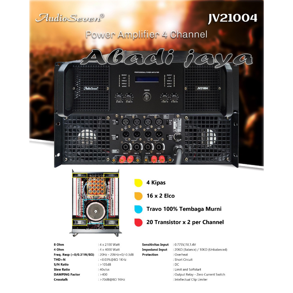 power audio seven jv21004 / jv 21004 / AUDIO SEVEN JV21004 / JV 21004 4 channel 4 x 2100watt origina