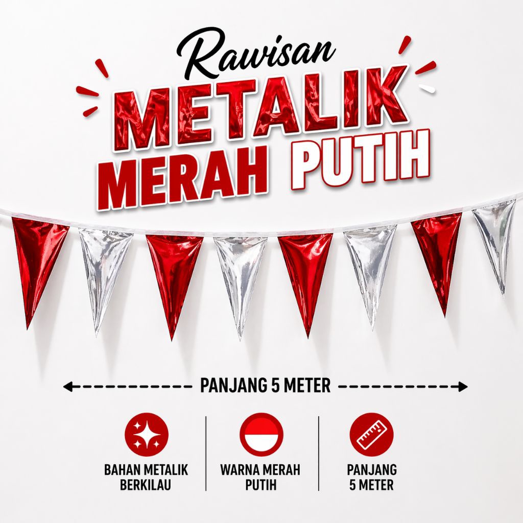 rawisan segitiga metalik merah putih, 17agustus, kemerdekaan, hiasan perayaan