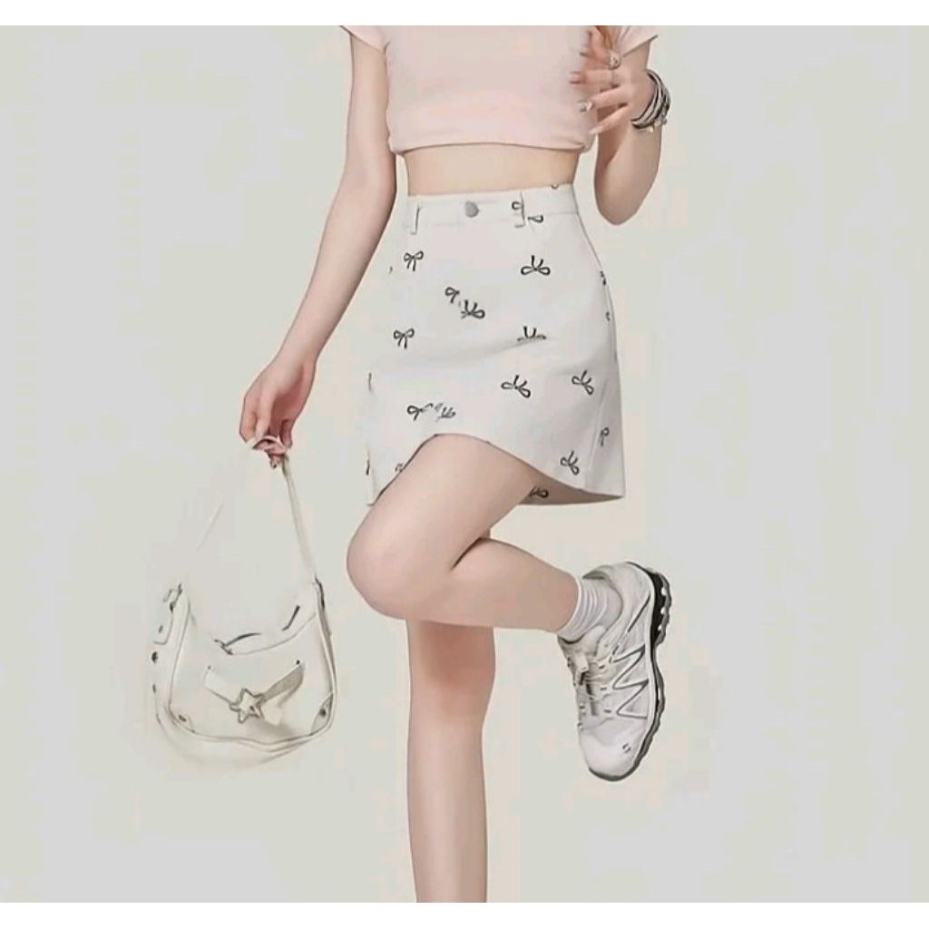 Rok denim wanita gaya Korea retro pita Rok denim wanita rok A-Line pinggang