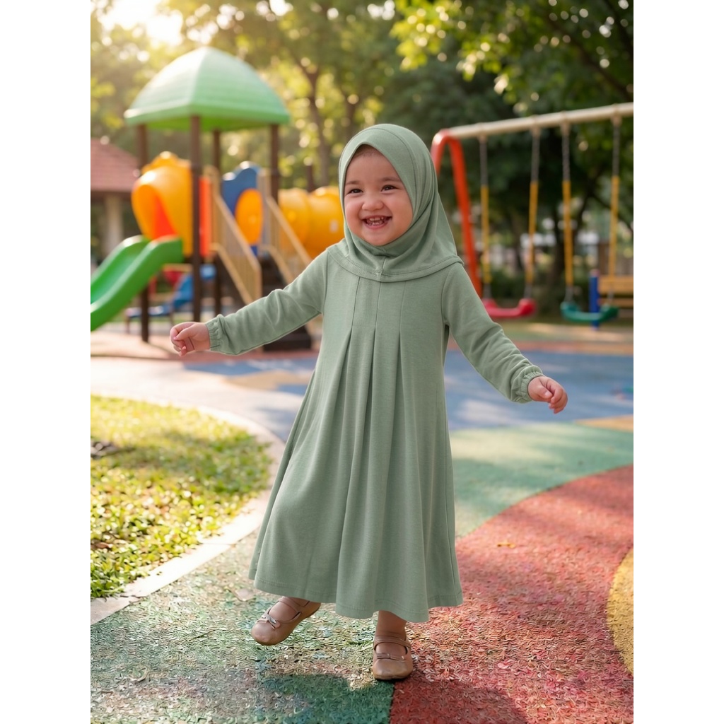 Gamis Lyvya Bayi Anak Perempuan Lucu Polos Spandek Jersey Free Hijab Syari Segitiga Sage