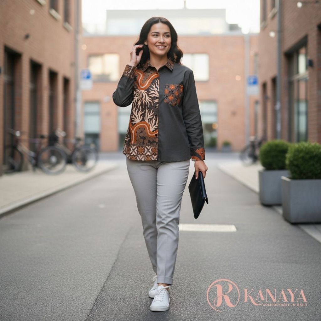 Kemeja Wanita Kombinasi Batik Modern Katun Toyobo Premium LD 110 Atasan Wanita Stylish Casual Formal
