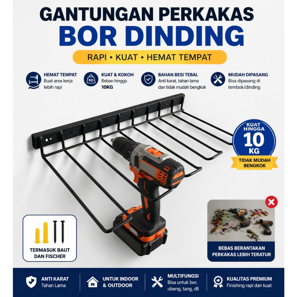 Gantungan Perkakas Bor Tempel Dinding - Rak Gantung Perkakas - Dudukan Bor Listrik & Organizer Kunci