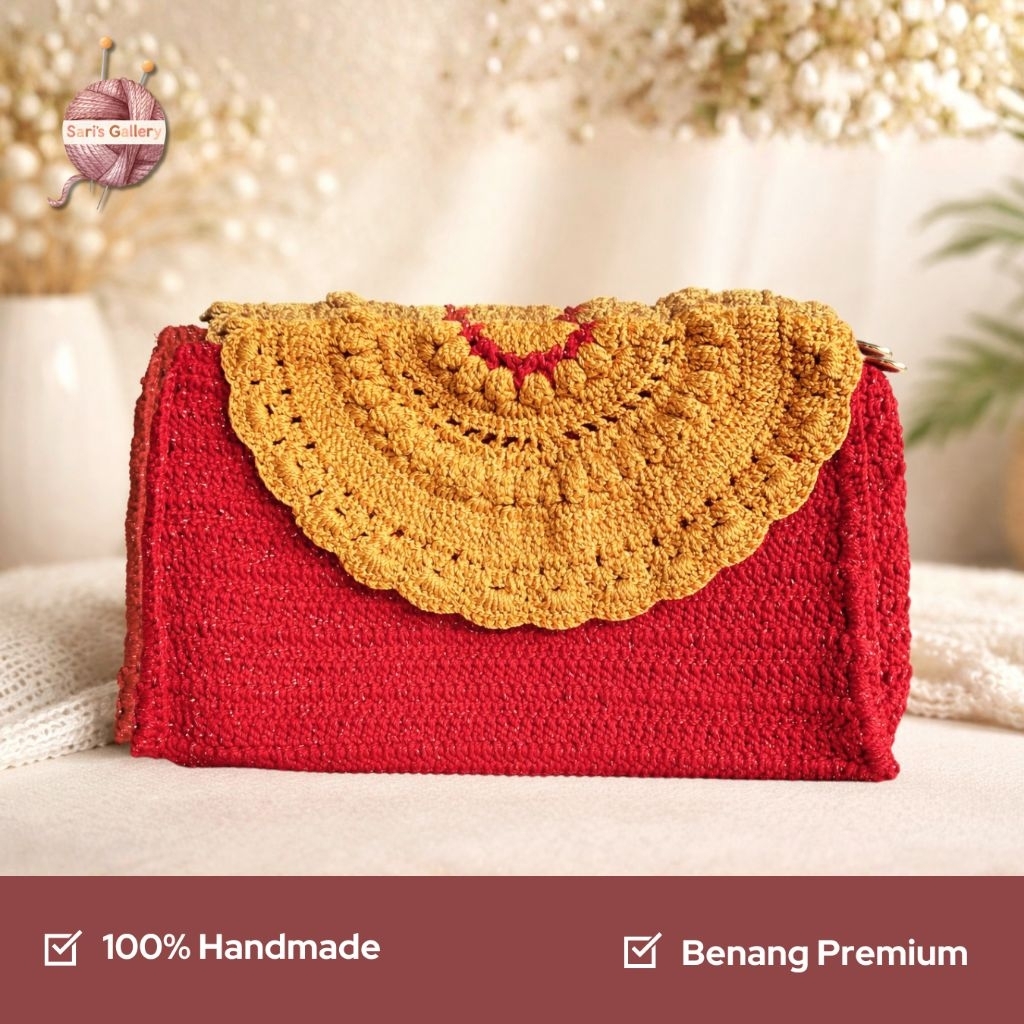 Tas Rajut Kondangan Merah Gold | Handbag | Tas Wanita
