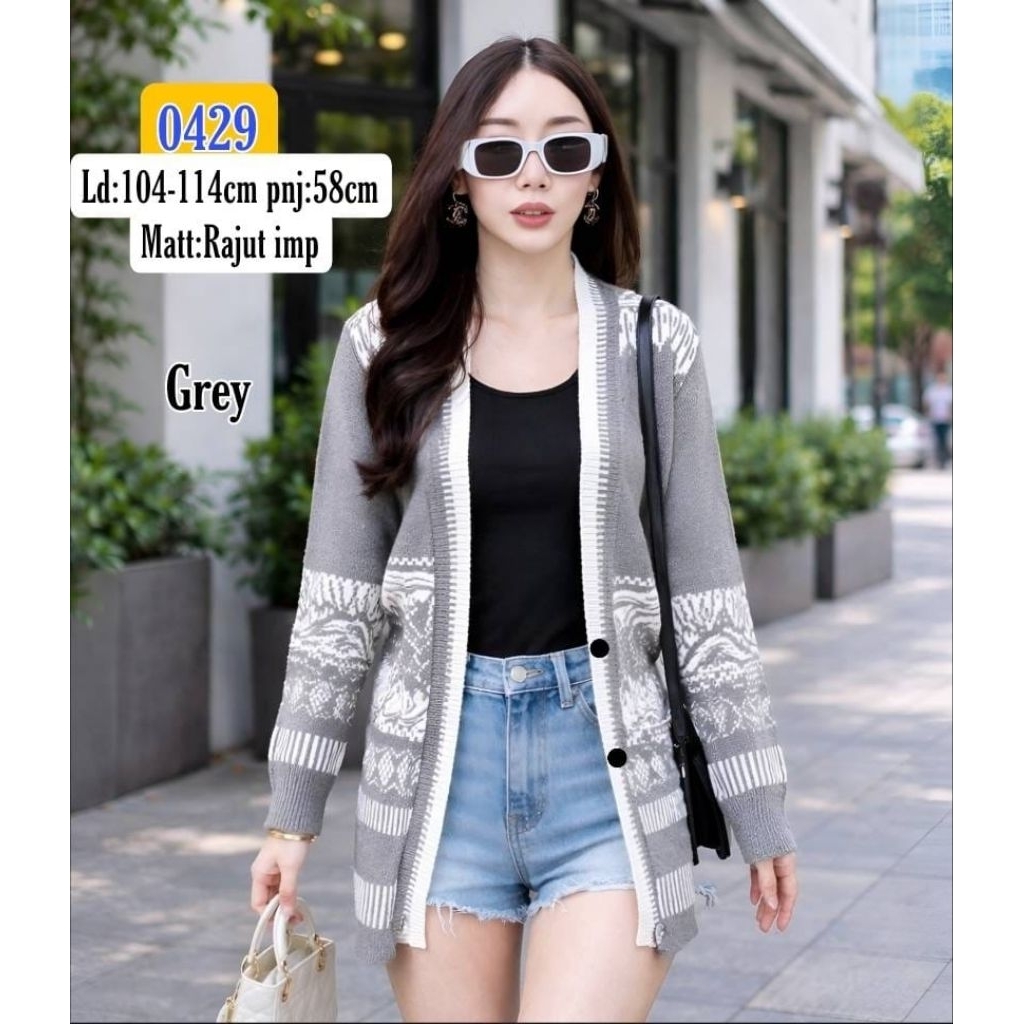 0429 Cardigan Rajut Import Motif Etnik Outerwear Wanita Lengan Panjang Casual - Long Cardigan Knit P