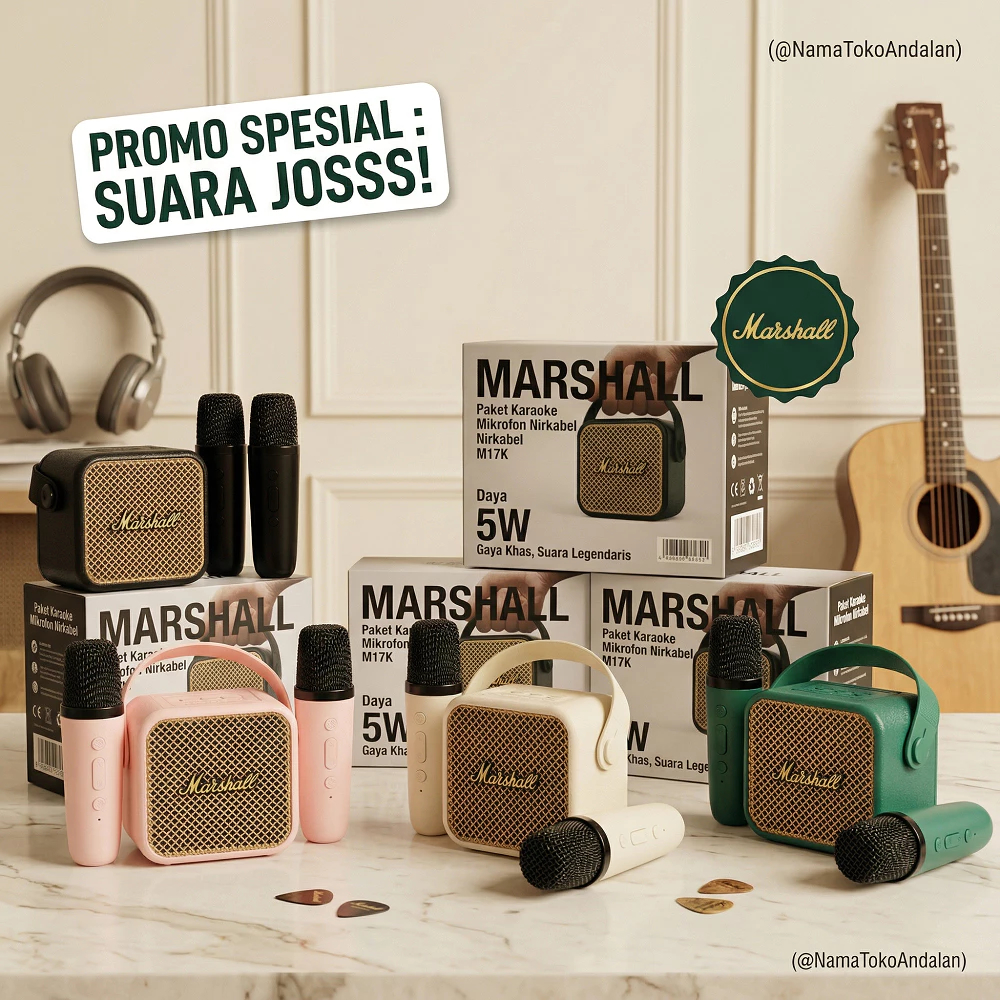 Marshall Mini Bluetooth Speaker Karaoke Boombox - Portable Bluetooth With Dual Mic Cocok Untuk Karao