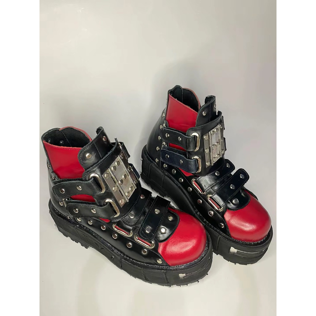 sepatu boots newrock pria modern merah & hitam