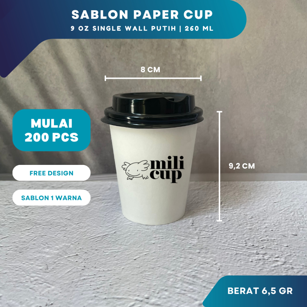 Sablon Paper Cup 9 Oz Single Wall Putih Custom Logo | Cetak Gelas Kertas Kopi Cafe Premium Tebal