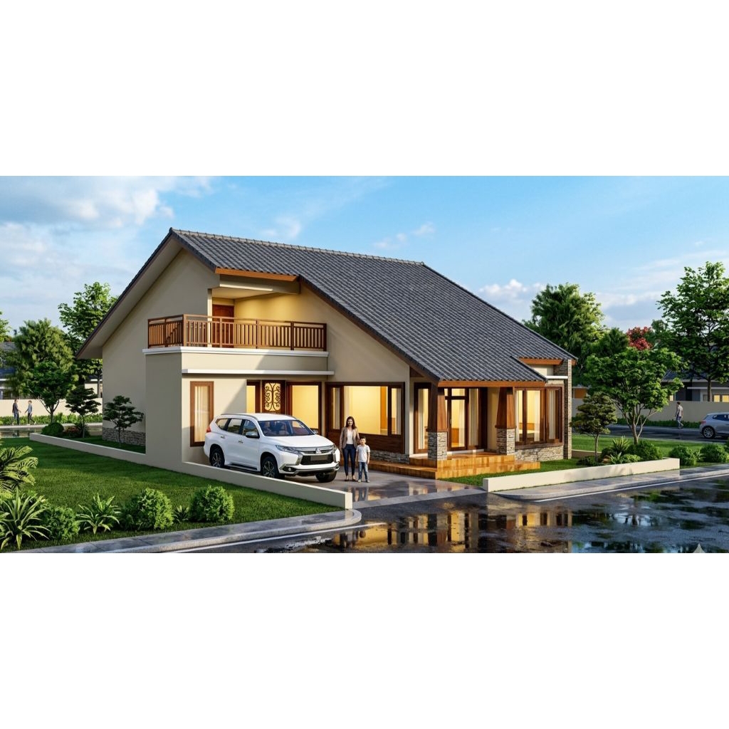 paket desain rumah ukuran 9x15, 3 kamar tidur. desain 3d eksterior lengkap, arsitektur rumah, jasa d