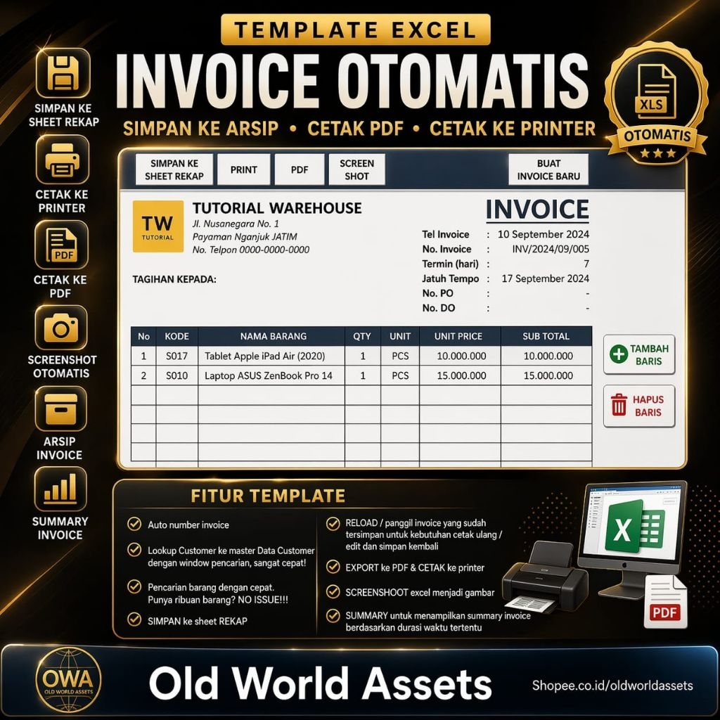 Template Excel Invoice Otomatis Simpan ke Arsip, Cetak PDF, Cetak ke Printer