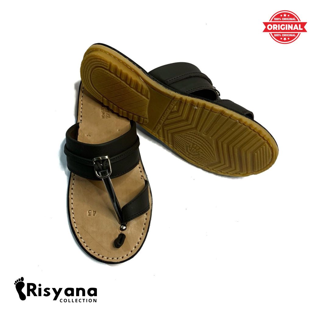 Sandal Tarumpah Pria Model Cincin Nonslip Rata Kulit Asli Original Warna Hitam Coklat Susu Tan Merah