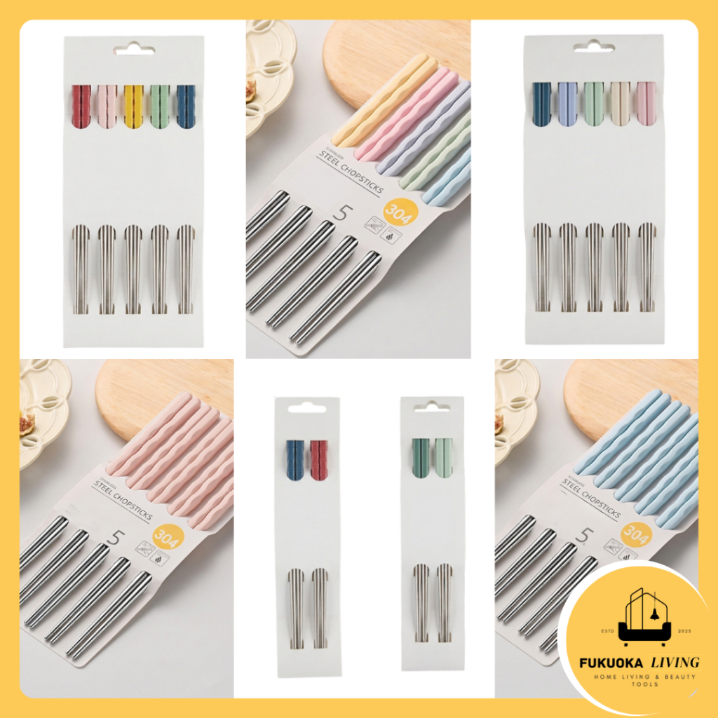 [FUKUOKA] SET isi 5 Pasang Sumpit Stainless Korean Chopstick Premium Best Quality 304 Anti Karat Ala