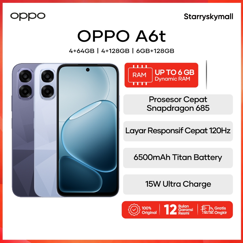 OPPO A6t 6/128GB 6GB+6GB Extended RAM Snapdragon 685 Garansi Resmi Indonesia HP Android Murah COD